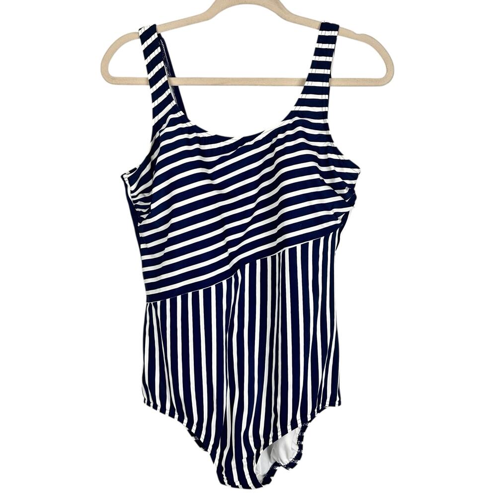 Lands' End Lycra Xtra Life Nylon Navy Stripe Full Coverage Bathing Suit 18 NWT